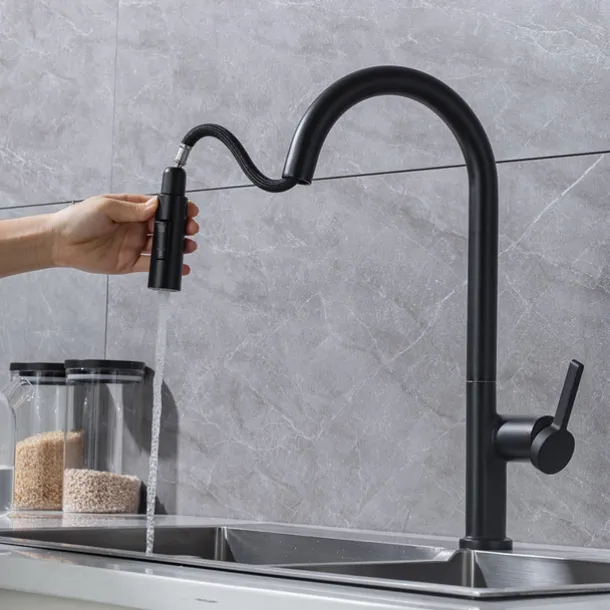 Kitchen Faucet with Pull-out Spray,Single Handle One Hole Brass High Arc 2-modes 360°Rotatable Modern Contemporary Kitchen Taps