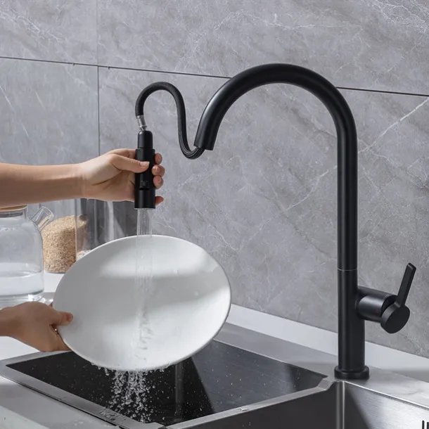 Kitchen Faucet with Pull-out Spray,Single Handle One Hole Brass High Arc 2-modes 360°Rotatable Modern Contemporary Kitchen Taps