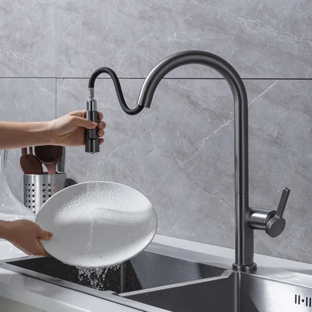 Kitchen Faucet with Pull-out Spray,Single Handle One Hole Brass High Arc 2-modes 360°Rotatable Modern Contemporary Kitchen Taps