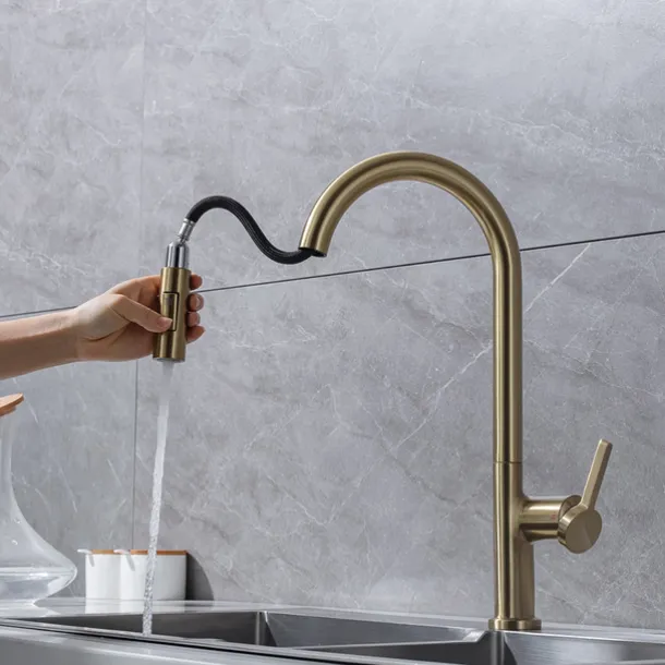 Kitchen Faucet with Pull-out Spray,Single Handle One Hole Brass High Arc 2-modes 360°Rotatable Modern Contemporary Kitchen Taps