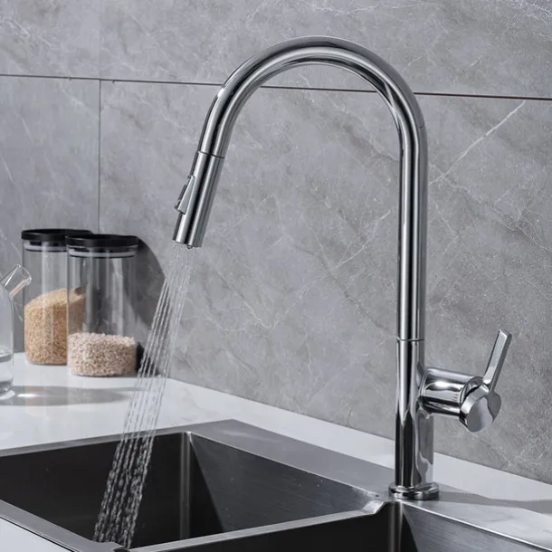 Kitchen Faucet with Pull-out Spray,Single Handle One Hole Brass High Arc 2-modes 360°Rotatable Modern Contemporary Kitchen Taps