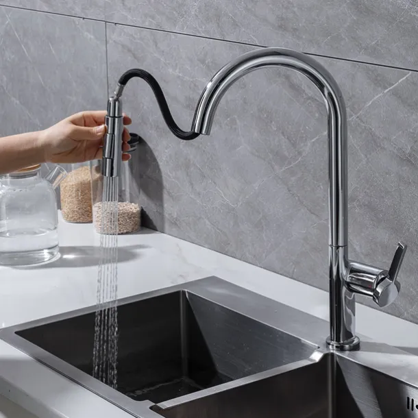 Kitchen Faucet with Pull-out Spray,Single Handle One Hole Brass High Arc 2-modes 360°Rotatable Modern Contemporary Kitchen Taps