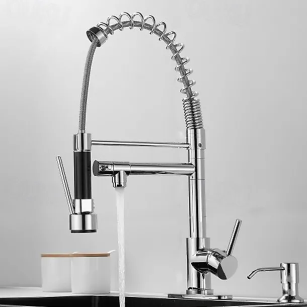 Kitchen Faucet with Pullout Spray and Soap Dispenser Sets Single Handle Two Holes Pull Out/Rotatable/Multifunction Standard Spout, Brass Tall-High Arc Deck Mounted Kitchen Faucet