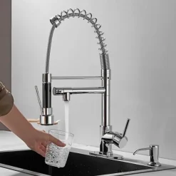 Kitchen Faucet with Pullout Spray and Soap Dispenser Sets Single Handle Two Holes Pull Out/Rotatable/Multifunction Standard Spout, Brass Tall-High Arc Deck Mounted Kitchen Faucet