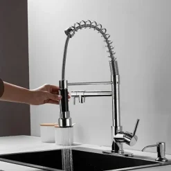 Kitchen Faucet with Pullout Spray and Soap Dispenser Sets Single Handle Two Holes Pull Out/Rotatable/Multifunction Standard Spout, Brass Tall-High Arc Deck Mounted Kitchen Faucet