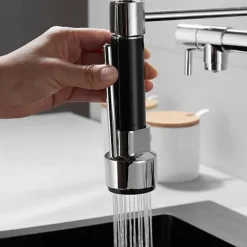Kitchen Faucet with Pullout Spray and Soap Dispenser Sets Single Handle Two Holes Pull Out/Rotatable/Multifunction Standard Spout, Brass Tall-High Arc Deck Mounted Kitchen Faucet