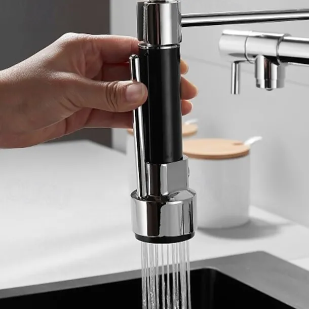 Kitchen Faucet with Pullout Spray and Soap Dispenser Sets Single Handle Two Holes Pull Out/Rotatable/Multifunction Standard Spout, Brass Tall-High Arc Deck Mounted Kitchen Faucet