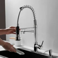 Kitchen Faucet with Pullout Spray and Soap Dispenser Sets Single Handle Two Holes Pull Out/Rotatable/Multifunction Standard Spout, Brass Tall-High Arc Deck Mounted Kitchen Faucet