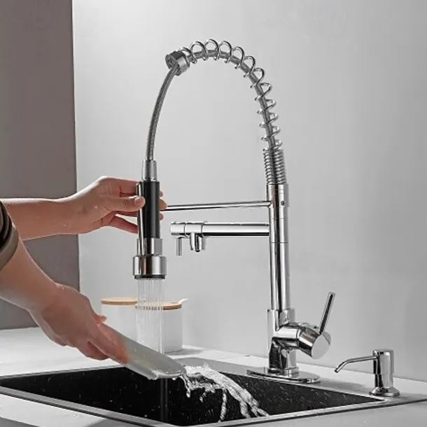 Kitchen Faucet with Pullout Spray and Soap Dispenser Sets Single Handle Two Holes Pull Out/Rotatable/Multifunction Standard Spout, Brass Tall-High Arc Deck Mounted Kitchen Faucet