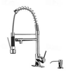 Kitchen Faucet with Pullout Spray and Soap Dispenser Sets Single Handle Two Holes Pull Out/Rotatable/Multifunction Standard Spout, Brass Tall-High Arc Deck Mounted Kitchen Faucet