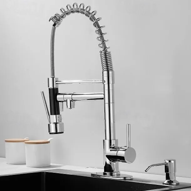 Kitchen Faucet with Pullout Spray and Soap Dispenser Sets Single Handle Two Holes Pull Out/Rotatable/Multifunction Standard Spout, Brass Tall-High Arc Deck Mounted Kitchen Faucet