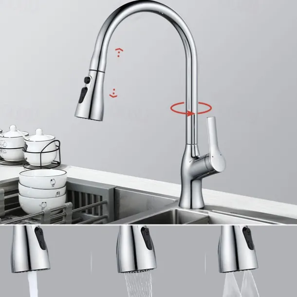 Kitchen Faucet with Pull-out Spray,Single Handle One Hole Rotatable Electroplated Pull-out / Pull-down / Standard Spout / Tall / High Arc Centerset Modern Contemporary Style Kitchen Taps