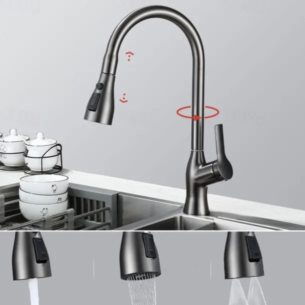 Kitchen Faucet with Pull-out Spray,Single Handle One Hole Rotatable Electroplated Pull-out / Pull-down / Standard Spout / Tall / High Arc Centerset Modern Contemporary Style Kitchen Taps