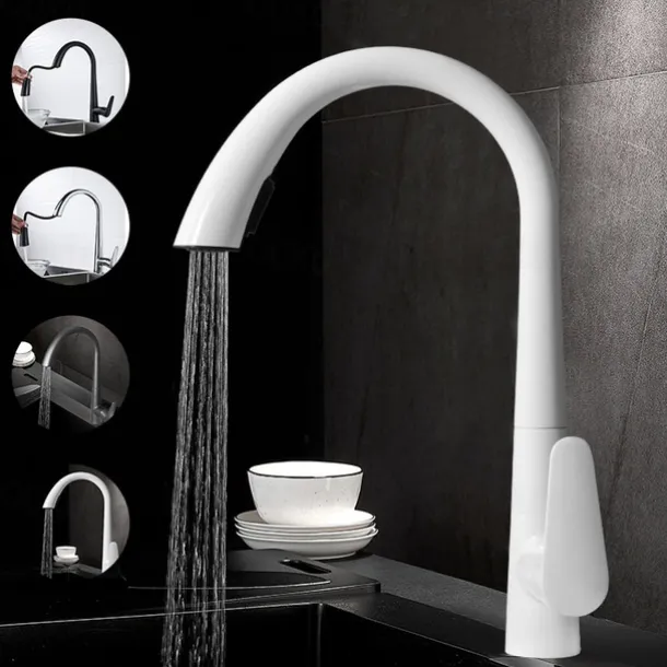 Kitchen Faucet with Pull-out Spray 360° Rotated Single Handle One Hole Minimalist Modern Contemporary Kitchen Taps
