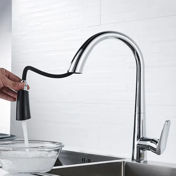 Kitchen Faucet with Pull-out Spray 360° Rotated Single Handle One Hole Minimalist Modern Contemporary Kitchen Taps