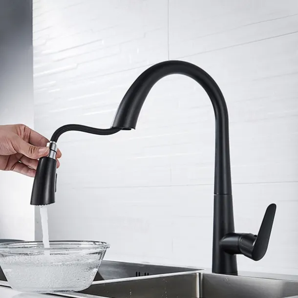 Kitchen Faucet with Pull-out Spray 360° Rotated Single Handle One Hole Minimalist Modern Contemporary Kitchen Taps