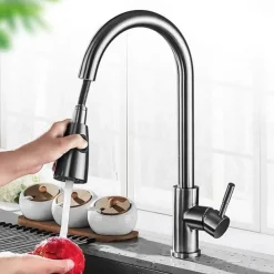 Kitchen Faucet with Pull-out Sprayer,Brushed Nickell Rotatable 304 Stainless Steel High Arc Single Handle One Hole Kitchen Taps
