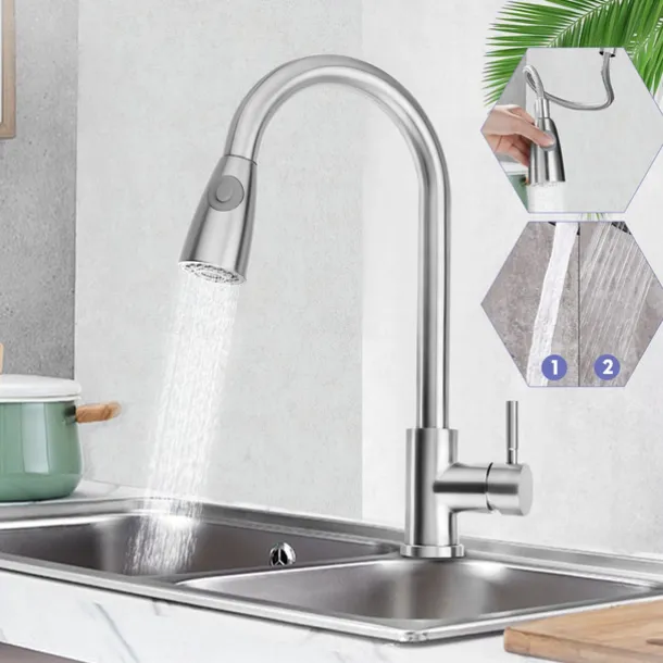 Kitchen Faucet with Pull-out Sprayer,Brushed Nickell Rotatable 304 Stainless Steel High Arc Single Handle One Hole Kitchen Taps
