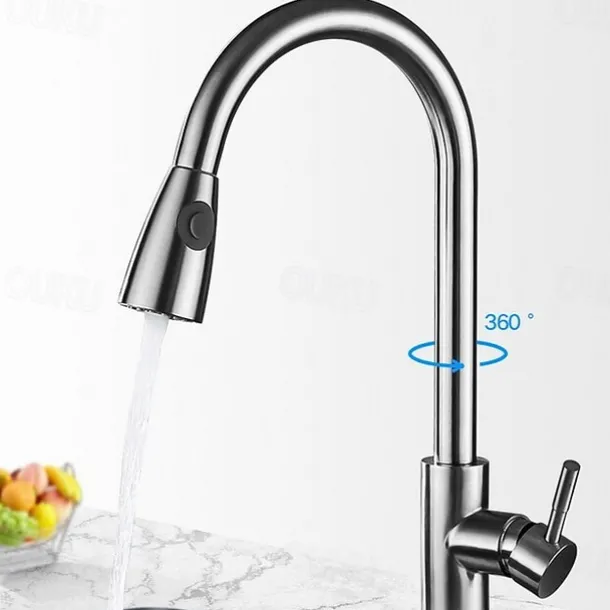 Kitchen Faucet with Pull-out Sprayer,Brushed Nickell Rotatable 304 Stainless Steel High Arc Single Handle One Hole Kitchen Taps