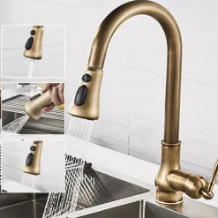 Kitchen Faucet with Sprayer,Antique Brass Pull-out 3-Function Outlet Mode Single Handle One Hole Sink Kitchen Taps with Soap Dispenser or Drain