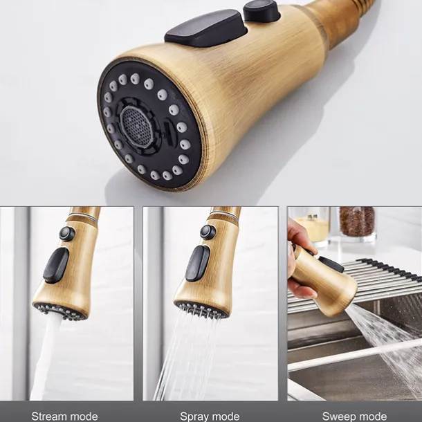 Kitchen Faucet with Sprayer,Antique Brass Pull-out 3-Function Outlet Mode Single Handle One Hole Sink Kitchen Taps with Soap Dispenser or Drain