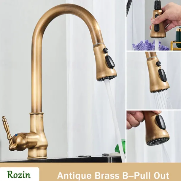 Kitchen Faucet with Sprayer,Antique Brass Pull-out 3-Function Outlet Mode Single Handle One Hole Sink Kitchen Taps with Soap Dispenser or Drain