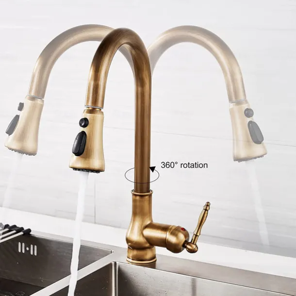 Kitchen Faucet with Sprayer,Antique Brass Pull-out 3-Function Outlet Mode Single Handle One Hole Sink Kitchen Taps with Soap Dispenser or Drain