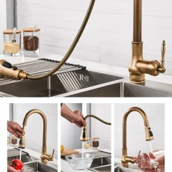 Kitchen Faucet with Sprayer,Antique Brass Pull-out 3-Function Outlet Mode Single Handle One Hole Sink Kitchen Taps with Soap Dispenser or Drain