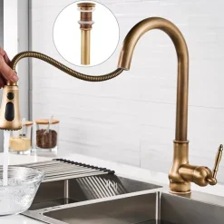 Kitchen Faucet with Sprayer,Antique Brass Pull-out 3-Function Outlet Mode Single Handle One Hole Sink Kitchen Taps with Soap Dispenser or Drain