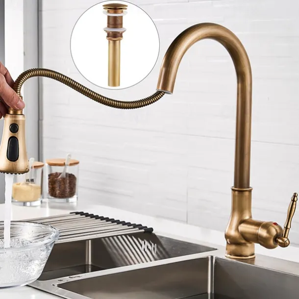 Kitchen Faucet with Sprayer,Antique Brass Pull-out 3-Function Outlet Mode Single Handle One Hole Sink Kitchen Taps with Soap Dispenser or Drain