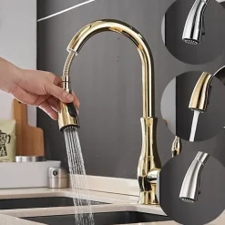 Kitchen Faucet with Sprayer Vessel Installation Nickel Brushed/Electroplated One Hole Widespread Pull Out/High Arc, Brass Kitchen Faucet Contain with Cold and Hot Water