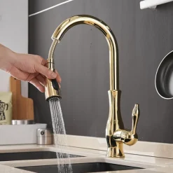 Kitchen Faucet with Sprayer Vessel Installation Nickel Brushed/Electroplated One Hole Widespread Pull Out/High Arc, Brass Kitchen Faucet Contain with Cold and Hot Water