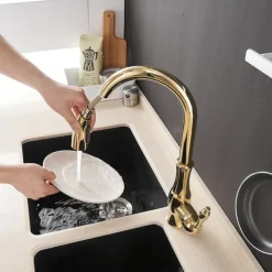 Kitchen Faucet with Sprayer Vessel Installation Nickel Brushed/Electroplated One Hole Widespread Pull Out/High Arc, Brass Kitchen Faucet Contain with Cold and Hot Water