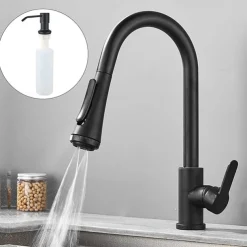 Kitchen Faucet with Sprayer,Matte Black Brass 4-Function Single Handle One Hole Button Design Pull-out / Pull-down Centerset Contemporary Kitchen Taps(with Soap Dispenser)