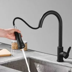 Kitchen Faucet with Sprayer,Matte Black Brass 4-Function Single Handle One Hole Button Design Pull-out / Pull-down Centerset Contemporary Kitchen Taps(with Soap Dispenser)