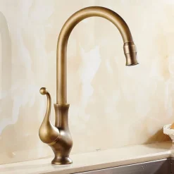 Kitchen Faucet,Antique Brass Single Handle One Hole Standard Spout Centerset Contemporary Rotatable Kitchen Taps with Cold and Hot Switch
