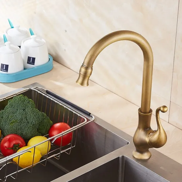 Kitchen Faucet,Antique Brass Single Handle One Hole Standard Spout Centerset Contemporary Rotatable Kitchen Taps with Cold and Hot Switch