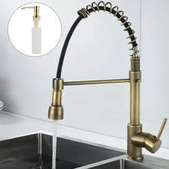 Kitchen Faucet,Brass Pull-out/Pull-down Rotatable Single Handle One Hole Multi-function Water Mode Brass Kitchen Taps with Soap Dispenser