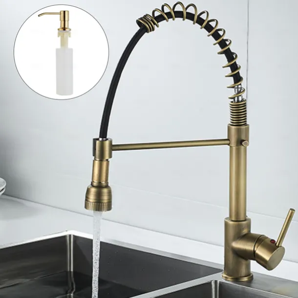 Kitchen Faucet,Brass Pull-out/Pull-down Rotatable Single Handle One Hole Multi-function Water Mode Brass Kitchen Taps with Soap Dispenser