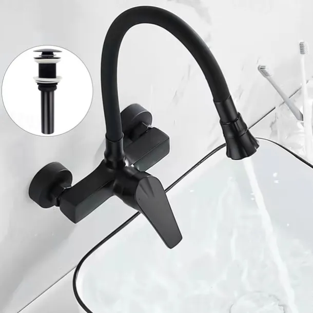 Kitchen Faucet,Brass Wall Mounted Single Handle Two Holes Bendable Rotatable Kitchen Taps