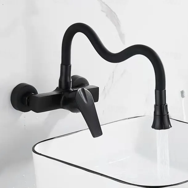Kitchen Faucet,Brass Wall Mounted Single Handle Two Holes Bendable Rotatable Kitchen Taps