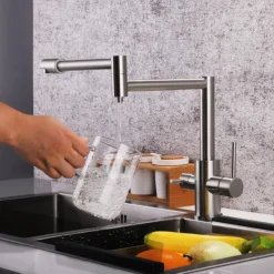 Kitchen Faucet,Foldable Single Handle One Hole Electroplated Pot Filler Centerset Modern Contemporary Kitchen Taps(Black/Brush Nickel)