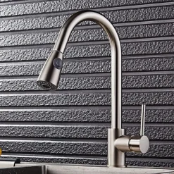 Kitchen Faucet,Minimalisht Style Brass Nickel Brushed Pull-out Tall High Arc Vessel Fashion Nickel Brushed Rotatable Contemporary Kitchen Taps with Hot and Cold Switch