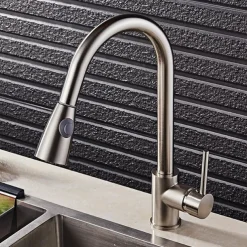 Kitchen Faucet,Minimalisht Style Brass Nickel Brushed Pull-out Tall High Arc Vessel Fashion Nickel Brushed Rotatable Contemporary Kitchen Taps with Hot and Cold Switch