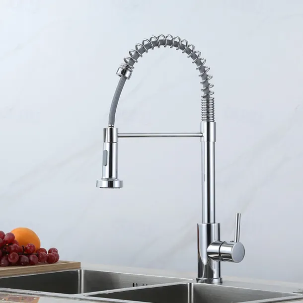 Kitchen Faucets 304 Stainless Steel Single Handle Single Lever Pull Down Sprayer Spring Kitchen Sink Faucet Brushed Nickel