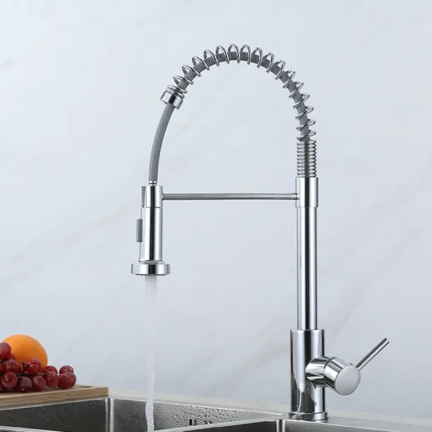 Kitchen Faucets 304 Stainless Steel Single Handle Single Lever Pull Down Sprayer Spring Kitchen Sink Faucet Brushed Nickel