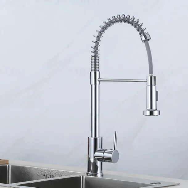 Kitchen Faucets 304 Stainless Steel Single Handle Single Lever Pull Down Sprayer Spring Kitchen Sink Faucet Brushed Nickel