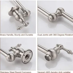 Kitchen Faucet,Wall Mounted Pot Filler Brass Two Handles One Hole Nickel Brushed Foldable Faucet