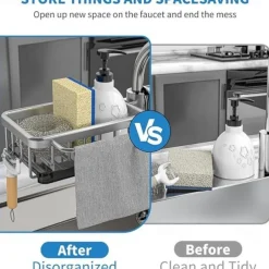 Kitchen Sink Faucet Organizer,Rustproof Aluminum Holder for Sponge, Soap, Brush, Space-Saving Design with Drip Tray, Easy Installation