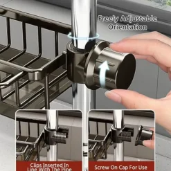 Kitchen Sink Faucet Organizer,Rustproof Aluminum Holder for Sponge, Soap, Brush, Space-Saving Design with Drip Tray, Easy Installation